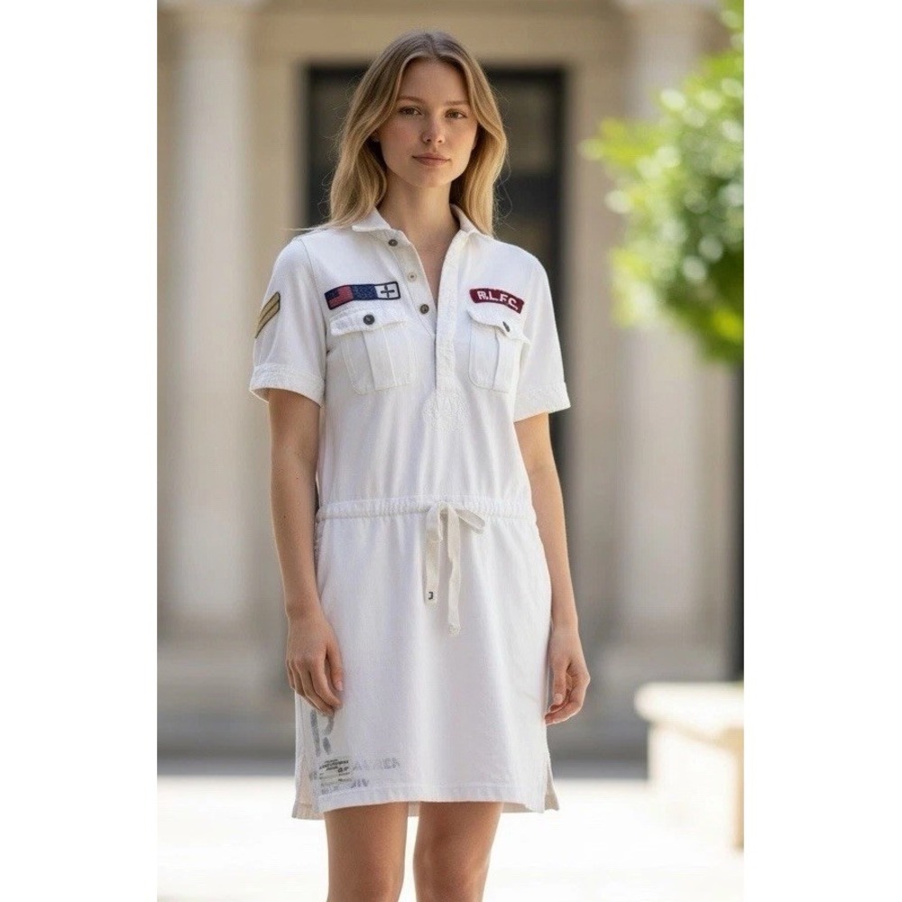Y2K Rugby Ralph Lauren Shirt Dress Military Appliques Rhinestone Accent Size SM